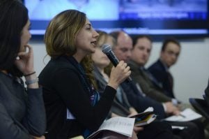 Sara Shirzad, of the Eurasia Foundation, asks a question at the virtual exchange forum.