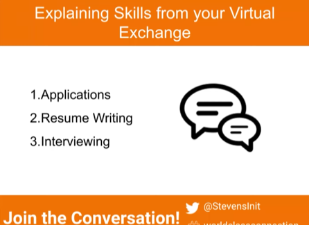 A presentation slide conveying three ways virtual exchange can prepare you for a future career- application writing, resume writing, and interview skills.