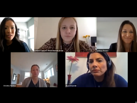Five people participating in a zoom video call