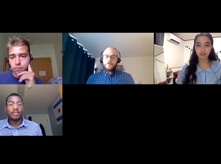 Four people participating in a zoom video call