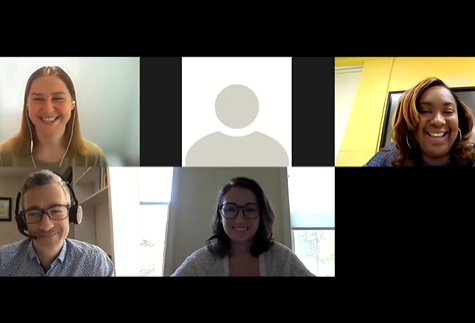 Five participants in a video call, with one participant's camera turned off