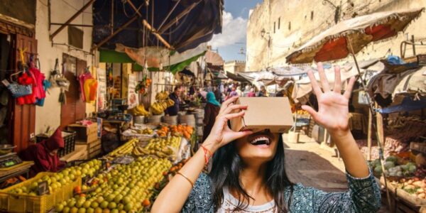 Woman using a virtual reality headset in a market.