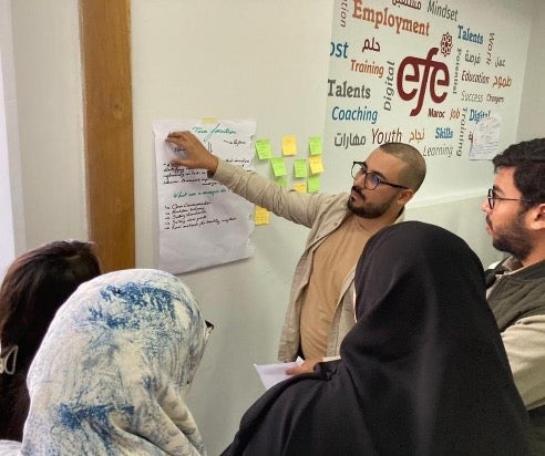 A group of students around a white board.