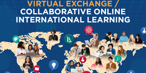 World map with images of young people and students throughout. Text reads, 